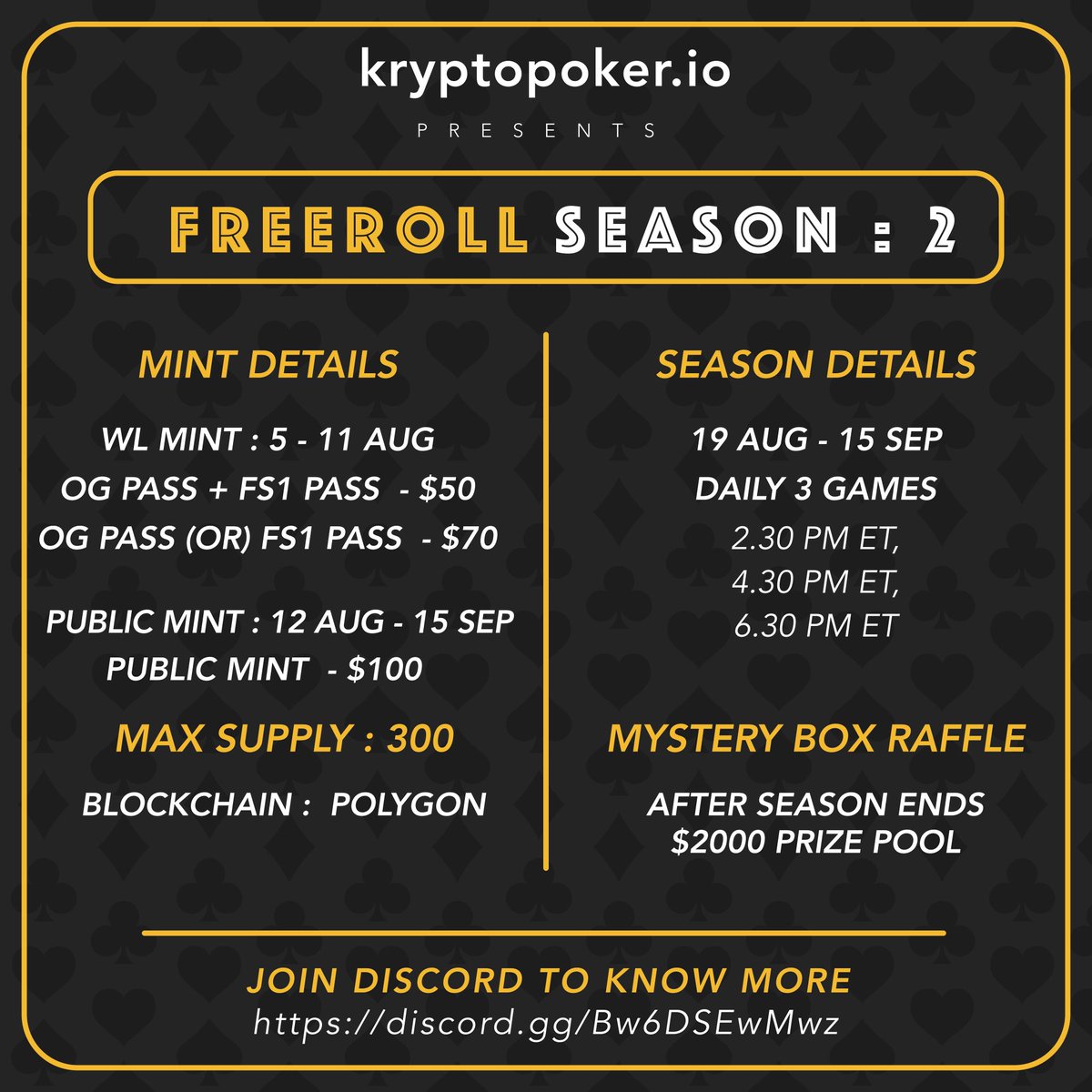 kryptopoker's tweet photo. ** FREEROLL SEASON : 2 **

**💰 $20,000 GUARANTEED PRIZEPOOL 💰**

WL MINT : 5 AUG - 11 AUG
PUBLIC MINT : 12 AUG - 15 SEP
BLOCKCHAIN : POLYGON 
SUPPLY : 300 

PRICE : 
OG pass + FS1 PASS holders :  MINT PRICE : $50

FS1 holders MINT PRICE: $70

OG PASS holders MINT PRICE : $70

PUBLIC MINT PRICE : $100

**GAME SCHEDULE : 19 AUG - 15 SEP**

**💸 $2000 MYSTERY BOX RAFFLE AFTER SEASON ENDS.💸 **

🚨 🚨 **WHITELIST OPEN !!!**🚨 🚨 

🏆  Play the promotional exclusive freerolls to get a chance to win a whitelist

💪  Founders of other projects are welcome to get WL  ROLE for your holders.

Join our discord : https://t.co/FrFdQvbSMv
