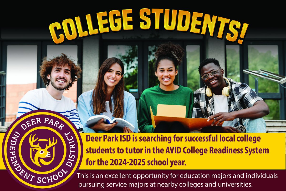 Deer Park ISD is searching for successful local college students to tutor in the AVID College Readiness System for the 2024-2025 school year. 
If you have questions, please contact Lisa Meyer at lmeyer@dpisd.org or 832-668-7112.