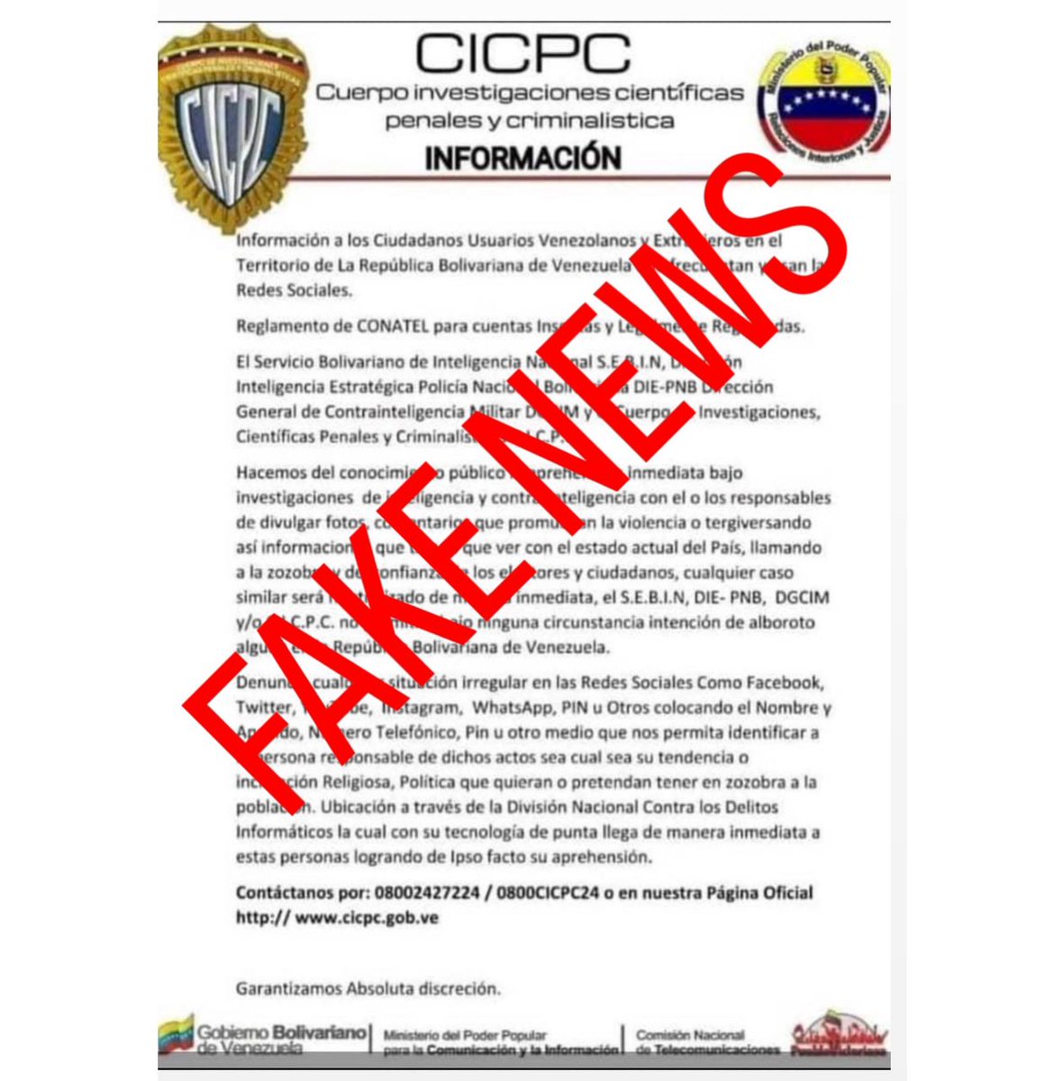 Cicpc051's tweet image. Esta información es falsa. No hagamos eco de noticias que no son verdad. Instamos a la población a verificar siempre nuestras cuentas oficiales