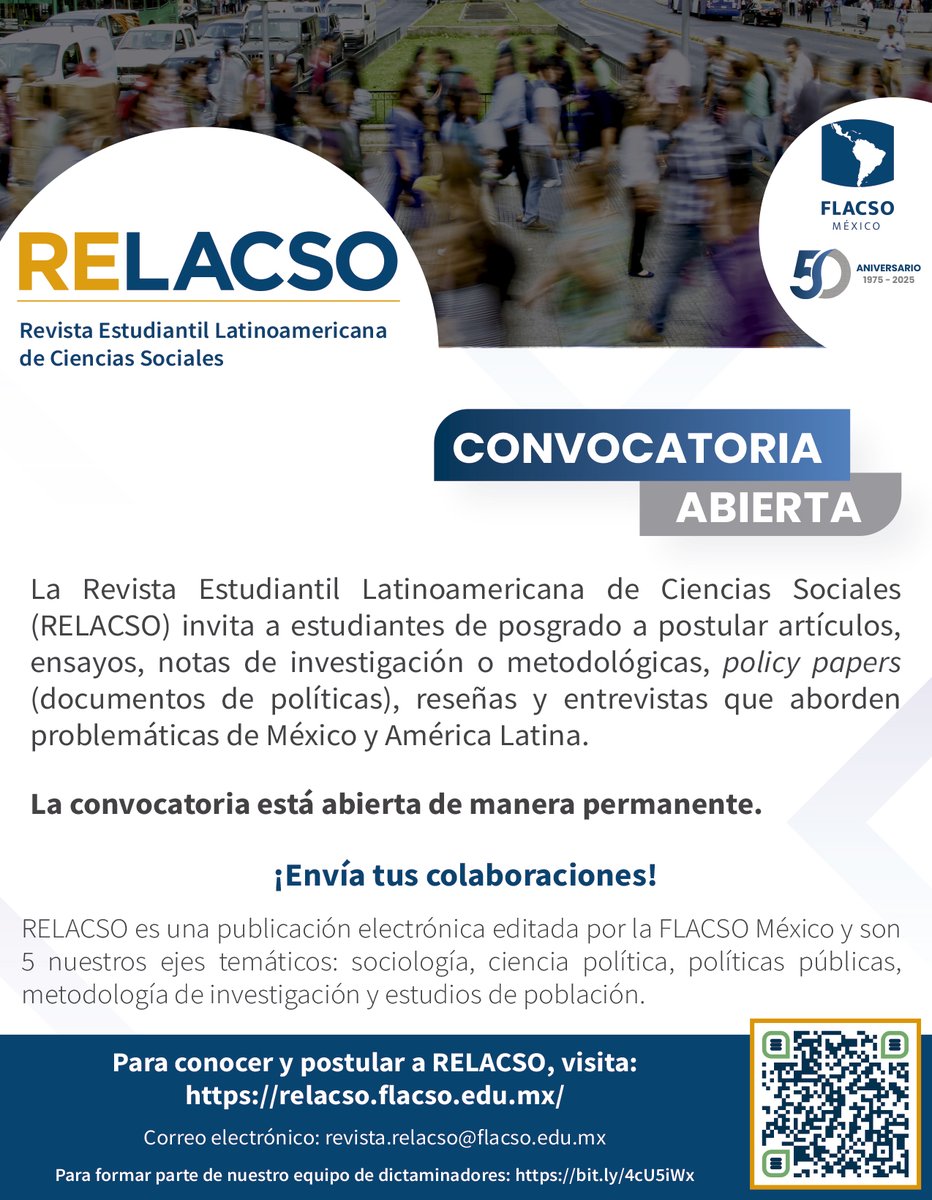 FlacsoMx's tweet image. ¿Sabías que la Revista Estudiantil Latinoamericana de Ciencias Sociales (#Relacso) se dedica a difundir los avances y resultados de #Investigación de #Estudiantes de posgrado de #México, #AméricaLatina y el mundo con #ConvocatoriaAbierta permanentemente?

bit.ly/RELACSO