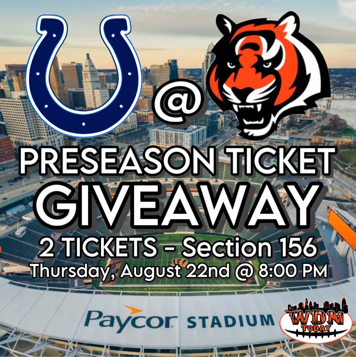 WDNToday's tweet photo. Football is BACK! 🏈💥

To show my appreciation for all of you here that follow, I'm gonna be doing a GIVEAWAY of 2 Preseason #Bengals Tickets against the #Colts @ Paycor Stadium on August 22nd‼️

TO ENTER ⬇️
TAG A FRIEND you'd wanna take
QUOTE/RT this post
FOLLOW WDN Today https://t.co/IbigF0nCFq
