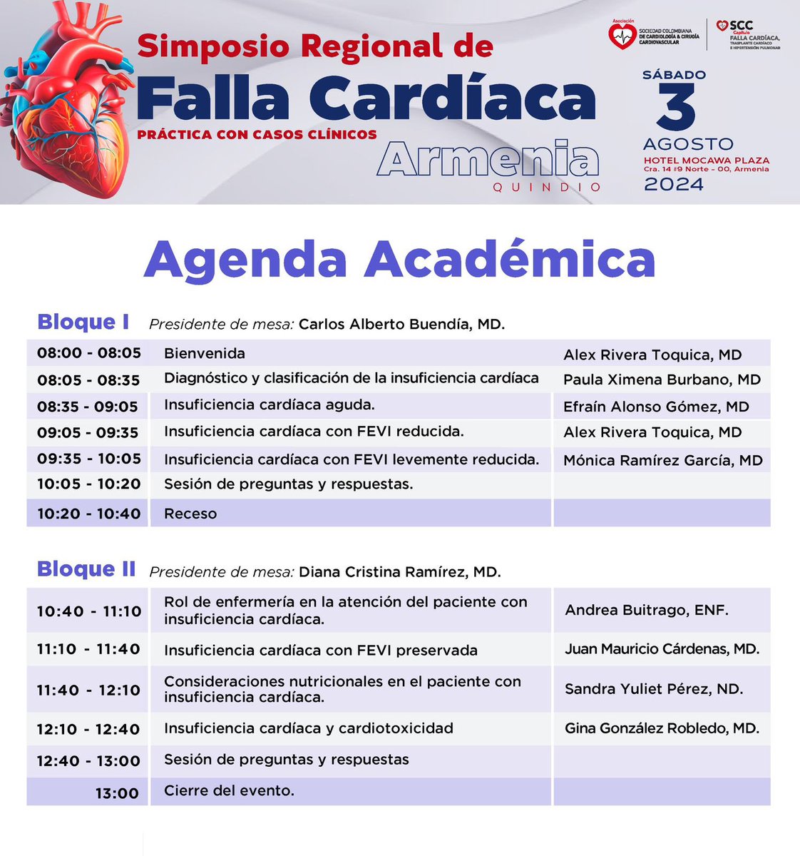 Alex Rivera Toquica (@riveratoquicamd) on Twitter photo <a href="/FallaCardiaca/">Capítulo Falla Cardíaca</a> <a href="/sccccardio/">Sociedad Colombiana de Cardiología</a> los invita al XIV Simposio Regional de Insuficiencia Cardíaca del Eje Cafetero
🗓 Sábado 03 de agosto
🕗 08:00-13:00 horas
📍Hotel Mocawa Plaza-Armenia
Modalidad presencial
Certificado de asistencia
🔗Inscripción sin costo: inscripciones.scc.org.co/eventos/regist… <a href="/FallaCardiaca/">Capítulo Falla Cardíaca</a> <a href="/sccccardio/">Sociedad Colombiana de Cardiología</a> los invita al XIV Simposio Regional de Insuficiencia Cardíaca del Eje Cafetero
🗓 Sábado 03 de agosto
🕗 08:00-13:00 horas
📍Hotel Mocawa Plaza-Armenia
Modalidad presencial
Certificado de asistencia
🔗Inscripción sin costo: inscripciones.scc.org.co/eventos/regist…