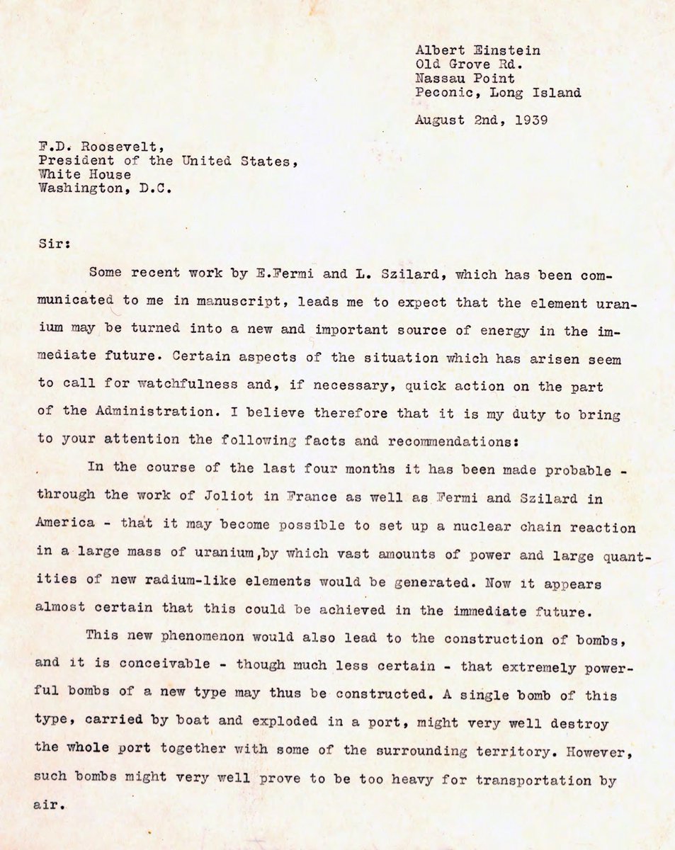 IntlSpyMuseum's tweet image. Today in #SpyHistory: Albert Einstein wrote a letter to FDR warning him of the possibility of Nazi Germany developing an atomic bomb,1939. 

The Einstein-Szilárd letter prompted action by Roosevelt and resulted in the #ManhattanProject developing the first atomic bombs.