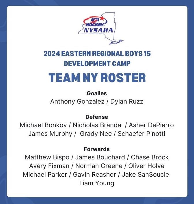 Congratulations to the New York players who are participating at the inaugural Eastern Regional Boys 15 Development Camp, which is taking place at the Nexus Center in Utica. They will be joined at the Camp by players from Atlantic Hockey, New England and Massachusetts Districts.