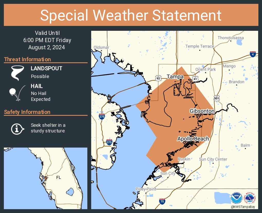 A special weather statement has been issued for Tampa FL, Gibsonton FL and Apollo  Beach FL until 6:00 PM EDT, image size:1020x830