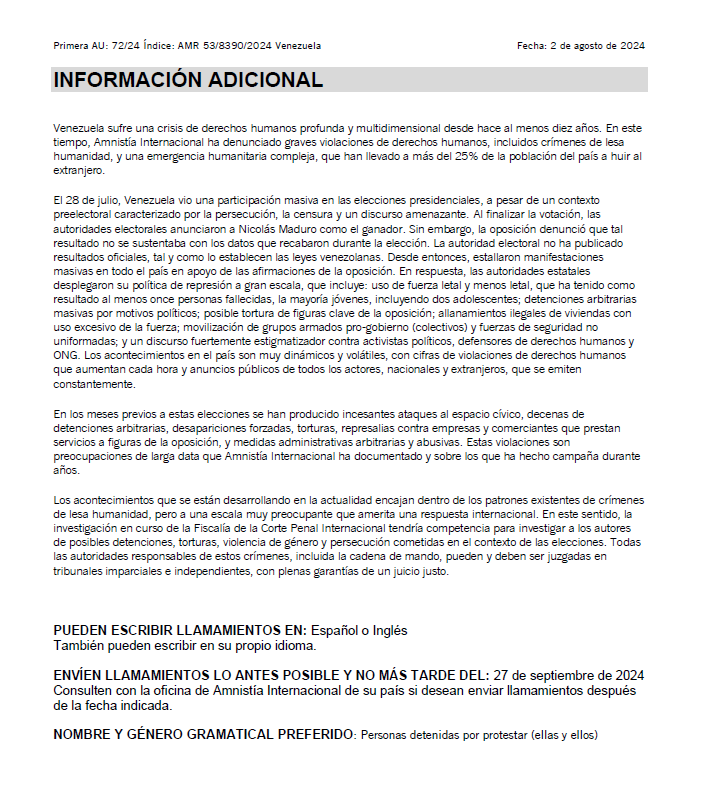 #Venezuela: Emitimos una acción #urgente global por la alarmante situación de los cientos de personas detenidas por protestar. 🗣️

🚨 Pedimos el cese de la incomunicación, el respeto irrestricto al derecho a la defensa, y no cometer malos tratos y tortura. Las autoridades deben