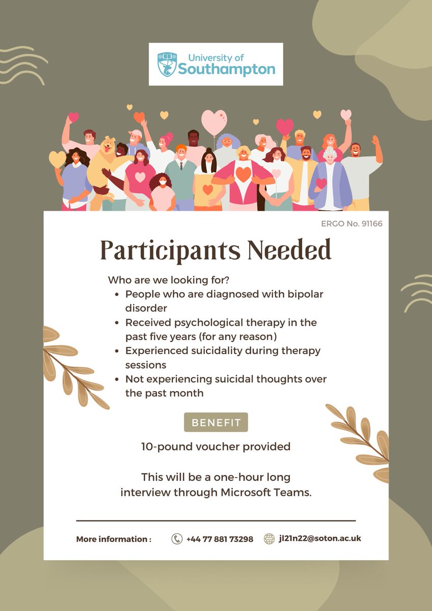 CREST.BD (@crest_bd) on Twitter photo Check out <a href="/DrTomRichardson/">Dr Thomas Richardson</a> ‘s study!
Open to anyone residing in the UK or Canada, with diagnosed BD who received psychological therapy in the past 5 years and is willing to attend a 1 hour online interview.
Email jl21n22@soton.ac.uk to sign up
More details in the flyer below. Check out <a href="/DrTomRichardson/">Dr Thomas Richardson</a> ‘s study!
Open to anyone residing in the UK or Canada, with diagnosed BD who received psychological therapy in the past 5 years and is willing to attend a 1 hour online interview.
Email jl21n22@soton.ac.uk to sign up
More details in the flyer below.