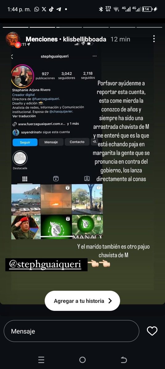 StephGuaiqueri's tweet photo. Desde ayer he recibido fuertes ataques y amenazas por parte de la oposición fascista de Nueva Esparta por mi tendencia política.. Solo les puedo decir que cuando los odios andan sueltos uno ama en defensa propia ¡Que viva Chávez! ¡Que viva la Revolución! Duelale a quien le duela. https://t.co/Cp5whzKHEp