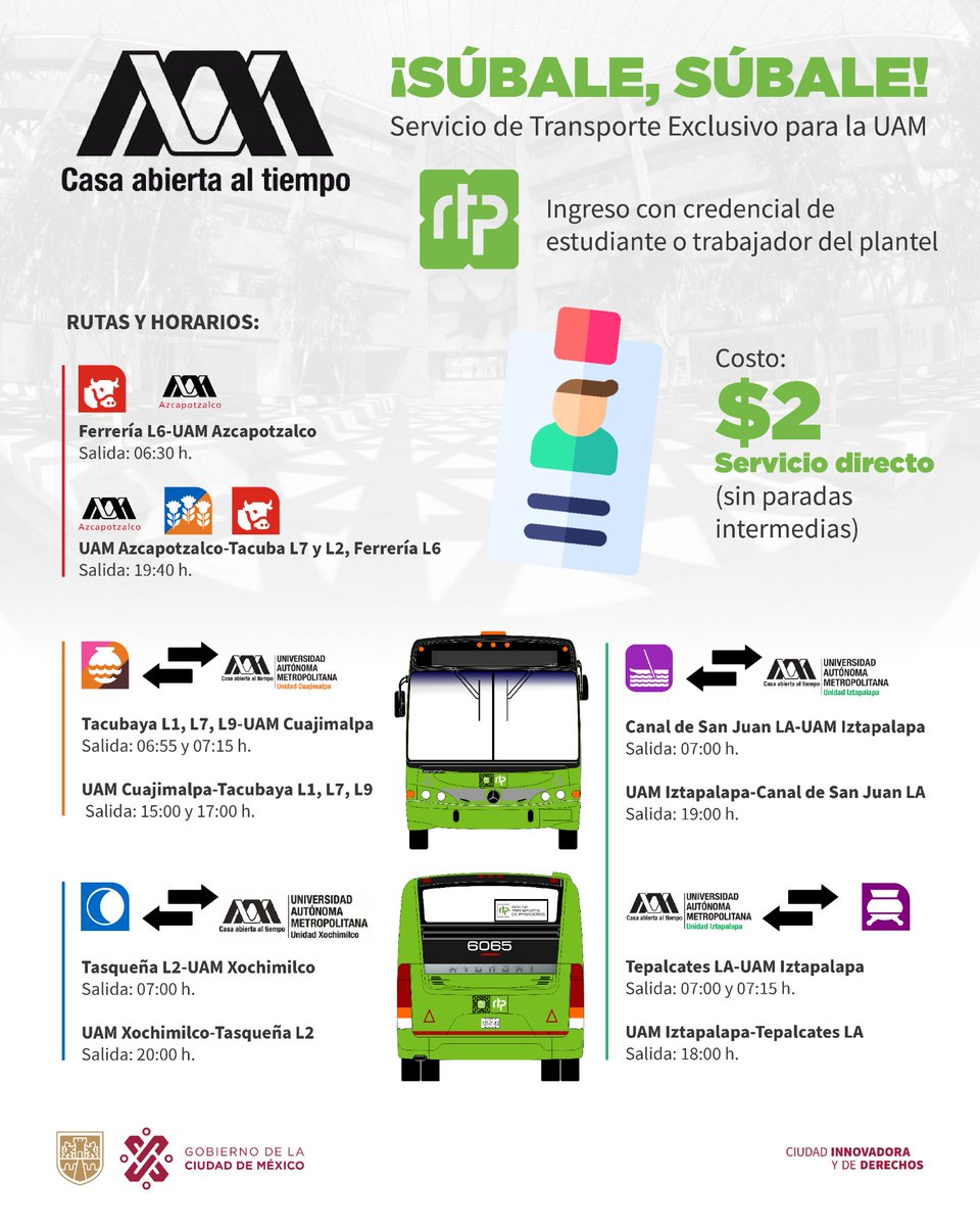 GobCDMX's tweet photo. ¡Llega seguro a tu destino con 2 pesitos! 😉

Si eres estudiante o trabajas en un plantel de @lauammx, utiliza el transporte exclusivo de @RTP_CiudadDeMex. 🚌 Recuerda que este servicio está restringido a personas ajenas a la comunidad, por ello es necesario que presentes tu credencial. 🪪

Te compartimos las rutas y horarios: ⤵️