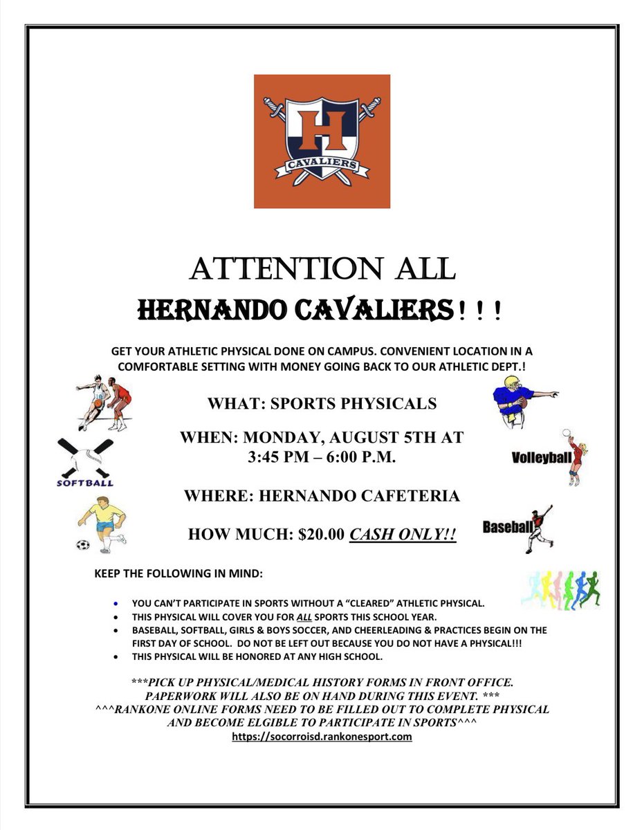 Hernando M.S. is hosting Physicals this Monday, August 5th right after school. Student/Athletes in the community and in the surrounding area, you’re invited to get this done in preparation for the 2024-25 school year. $20-cash only. Don’t forget to get your Rankone done as well!