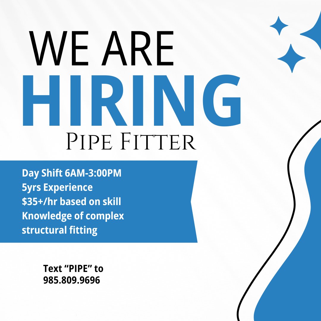 Local Client looking to fill a Pipe Fitter position ASAP.
Must have:
5yrs Experience
Knowledge of complex fittings
Read blueprints
Tack and fit large structural pieces

Text PIPE to 985.809.9696