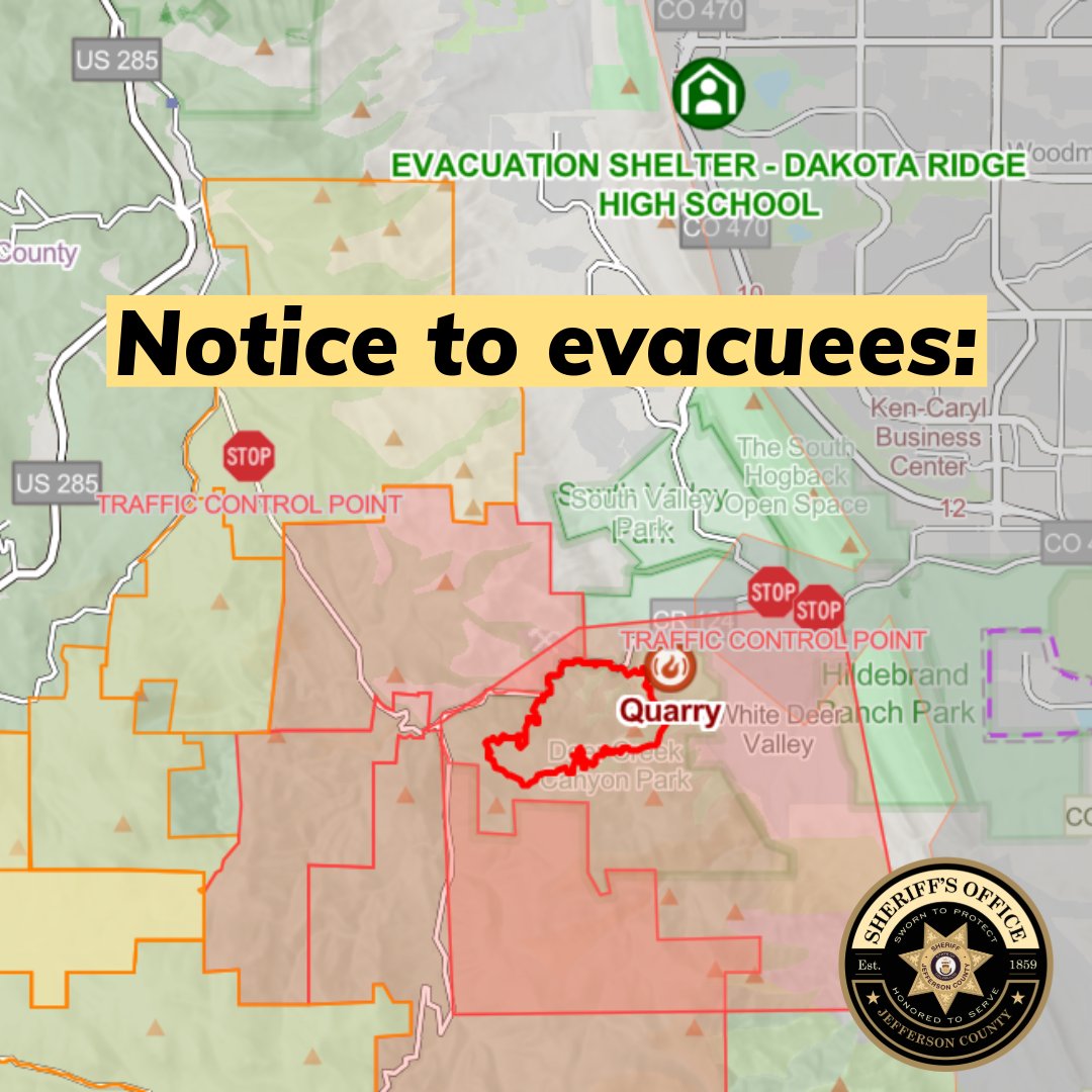 #QuarryFire evacuees ONLY: We are working on a plan to give residents access to their homes once it is safe to do so. ALL EVACUEES need to come to the evacuation site at Dakota Ridge High School, 13399 W. Coal Mine Ave., on Saturday or Sunday (8/3-8/4) between 10 a.m. – 3 p.m. to