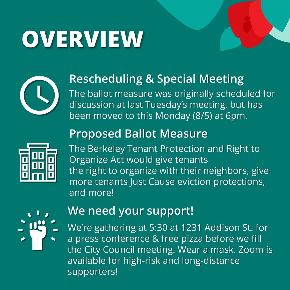 🚨ALL HANDS ON DECK🚨
This  Monday, August 5, is our last chance to place the Berkeley Tenant  Protection and Right to Organize Act in the November ballot, but we need  five council members to vote yes!