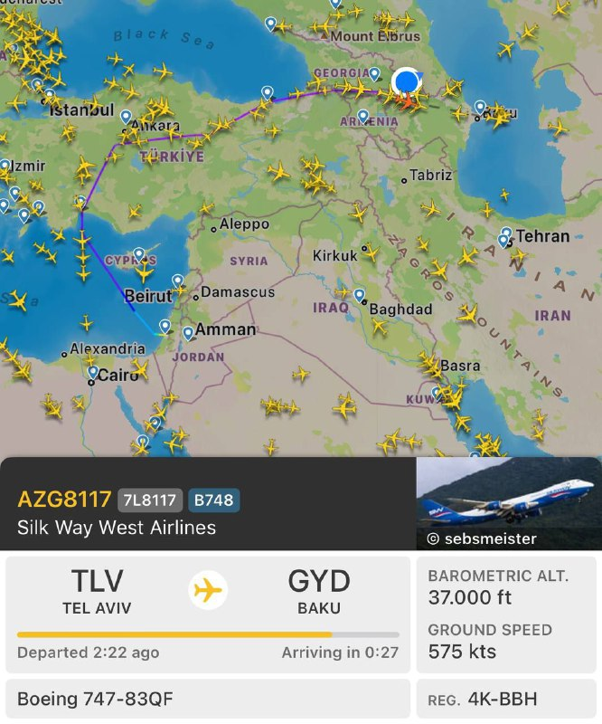 alisahinn03's tweet photo. Askeri  Boeing-747 kargo uçağının şu anda İsrail'den Bakü'ye hareket ettiği bildirilmektedir. İddiaya göre bu kargo uçakları vasıtasıyla Azerbaycan'a Barak MX sistemini taşımaktadır. https://t.co/cdyIHppErK