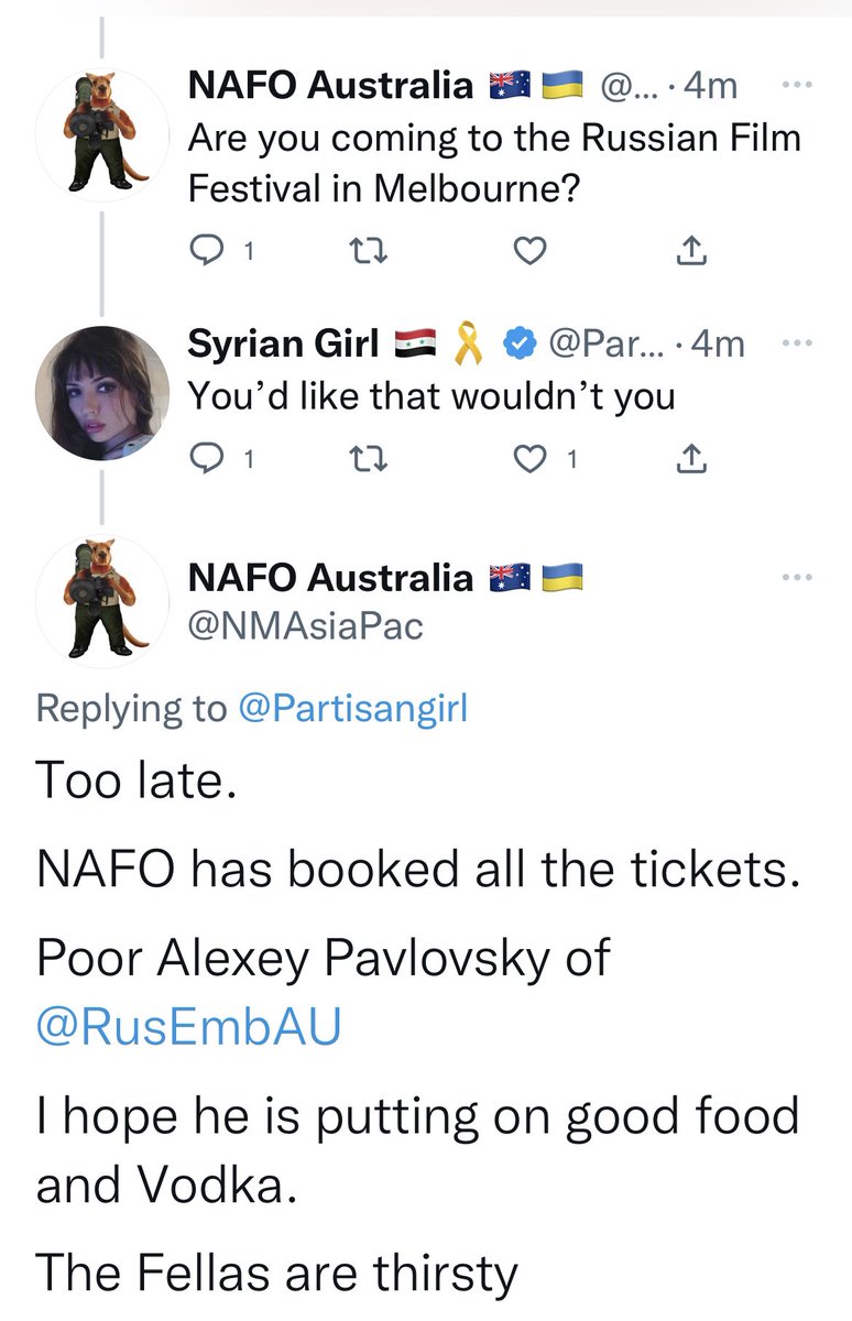 NMAsiaPac's tweet photo. @gsad1000 We make Russians cry

Just Alexey Pavlovsky @RusEmbAU about the Russian Film Festival in December 2022 

The NAFO Asia Pacific Team booked the entire 3 day 11 session event. https://t.co/LgeKvMLc96