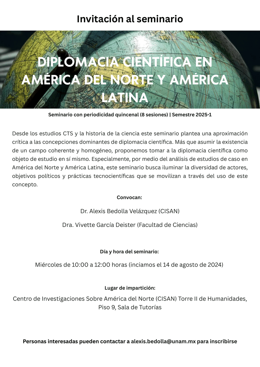 📜Invitación al seminario "Diplomacia Científica en América del Norte y América Latina". 

🌎Empezamos el 14 de agosto de 2024. 

Para más información e inscripciones, contactar a alexis.bedolla@unam.mx👈
<a href="/fciencias/">Facultad de Ciencias UNAM</a> <a href="/AlexisBedollaV/">Alexis Bedolla</a>