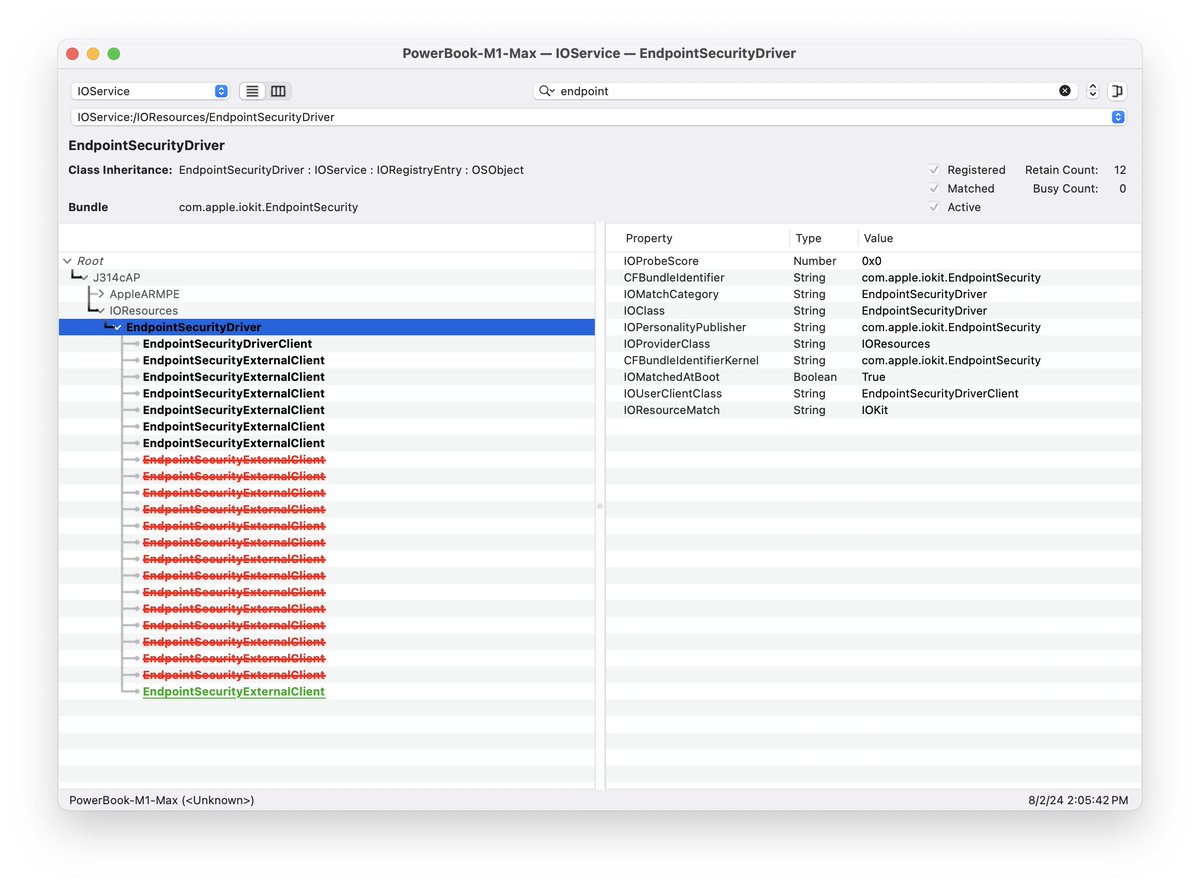Turns out you can enumerate individual clients connected to Endpoint Security by looking at the I/O Registry's `IOService` plane under: `IOService:/IOResources/EndpointSecurityDriver`.

You can use: `ioreg -r -c EndpointSecurityExternalClient`

swiftly-detecting.notion.site/Listing-Connec…