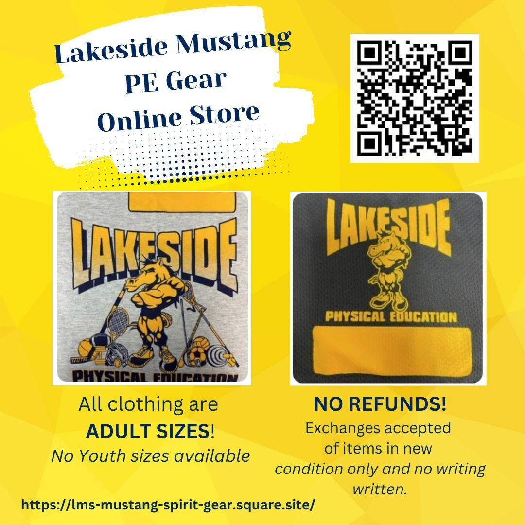 Lakeside_MSLLCS's tweet photo. Hey, Lakeside Mustangs! Our PE Gear Online Store is now open! 🛒 All clothing is in ADULT SIZES. No youth sizes available. 👉 No Refunds. Exchanges are accepted for items in new condition without any writing. Shop now: https://t.co/ZGgxmVHt8d #LakesideMS #Norwalk https://t.co/3UFgwX6rXM