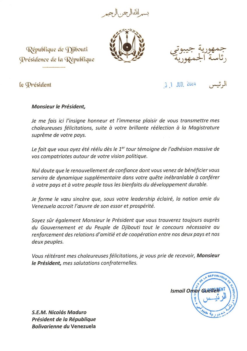 Nos complace recibir este cordial mensaje de felicitaciones de la República de Yibuti por la reelección del Presidente <a href="/NicolasMaduro/">Nicolás Maduro</a>. Agradecemos sus buenos deseos para el desarrollo de Venezuela y su disposición para continuar fortaleciendo los lazos de cooperación entre