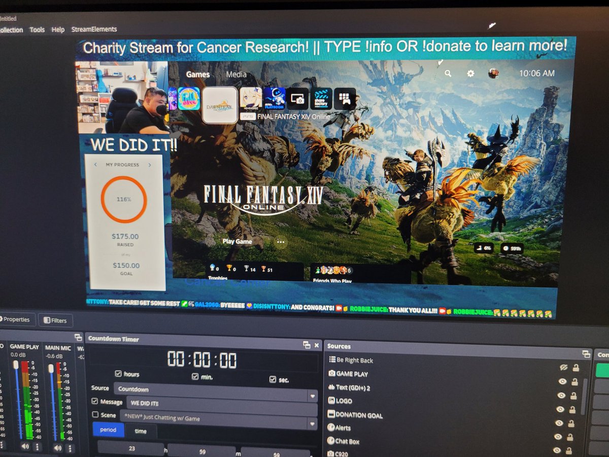 We did it!! We met our initial goal and even surpassed it!!

My wife wants to possible stream again. (Not 24 hours) before the event to fundraise more! 

But thank you to everyone who came and donated. I really missed you all.

I'll try to stream more lol.