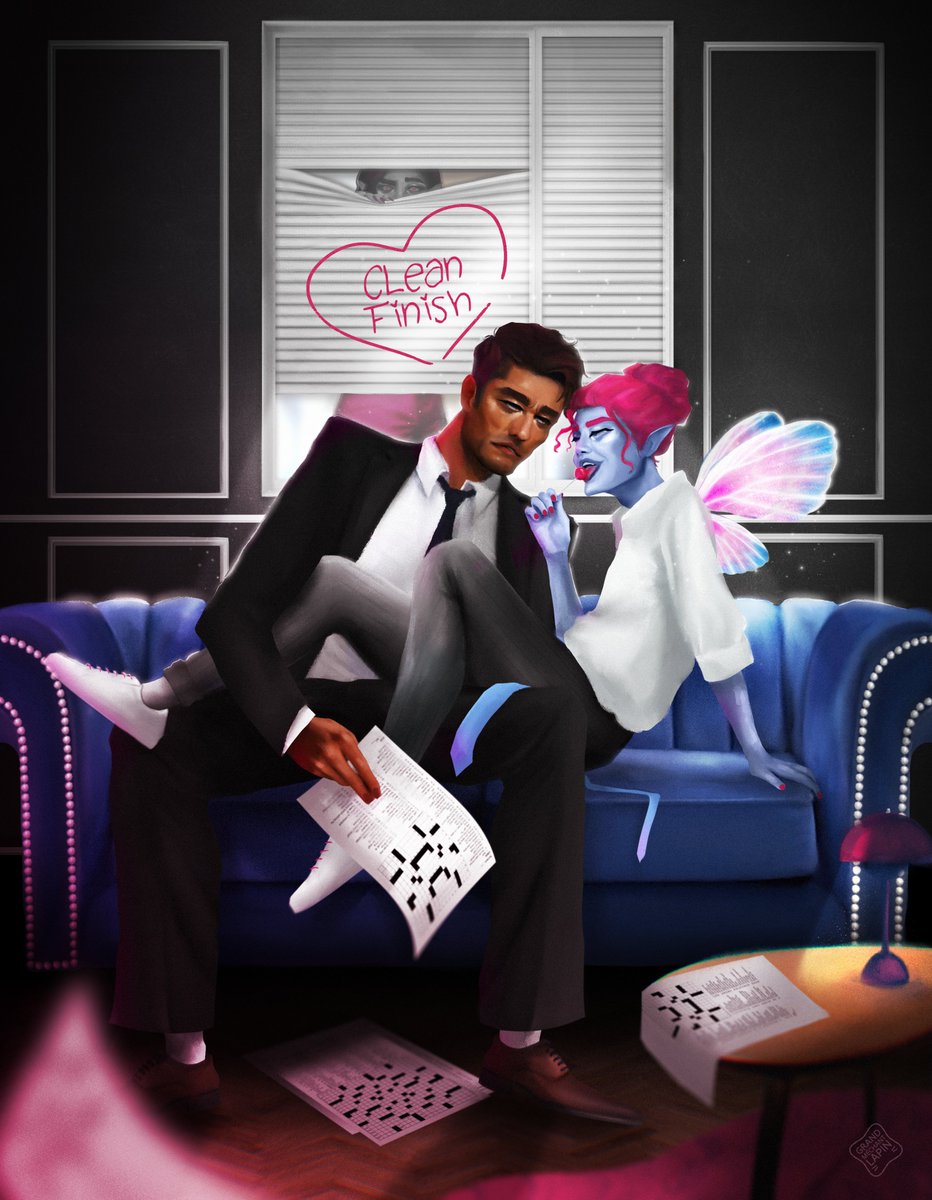 Just four more days until Clean Finish (Goliaths of Wrestling: Book 2) is out on KU, paperback and audiobook!

Here is some artwork of Seb and Larkin by the lovely <a href="/GrandMchantLap1/">Virginie Méchant</a> (with added peeping Holt) ahead of their love story releasing on Tuesday.

books2read.com/u/mBy2ek