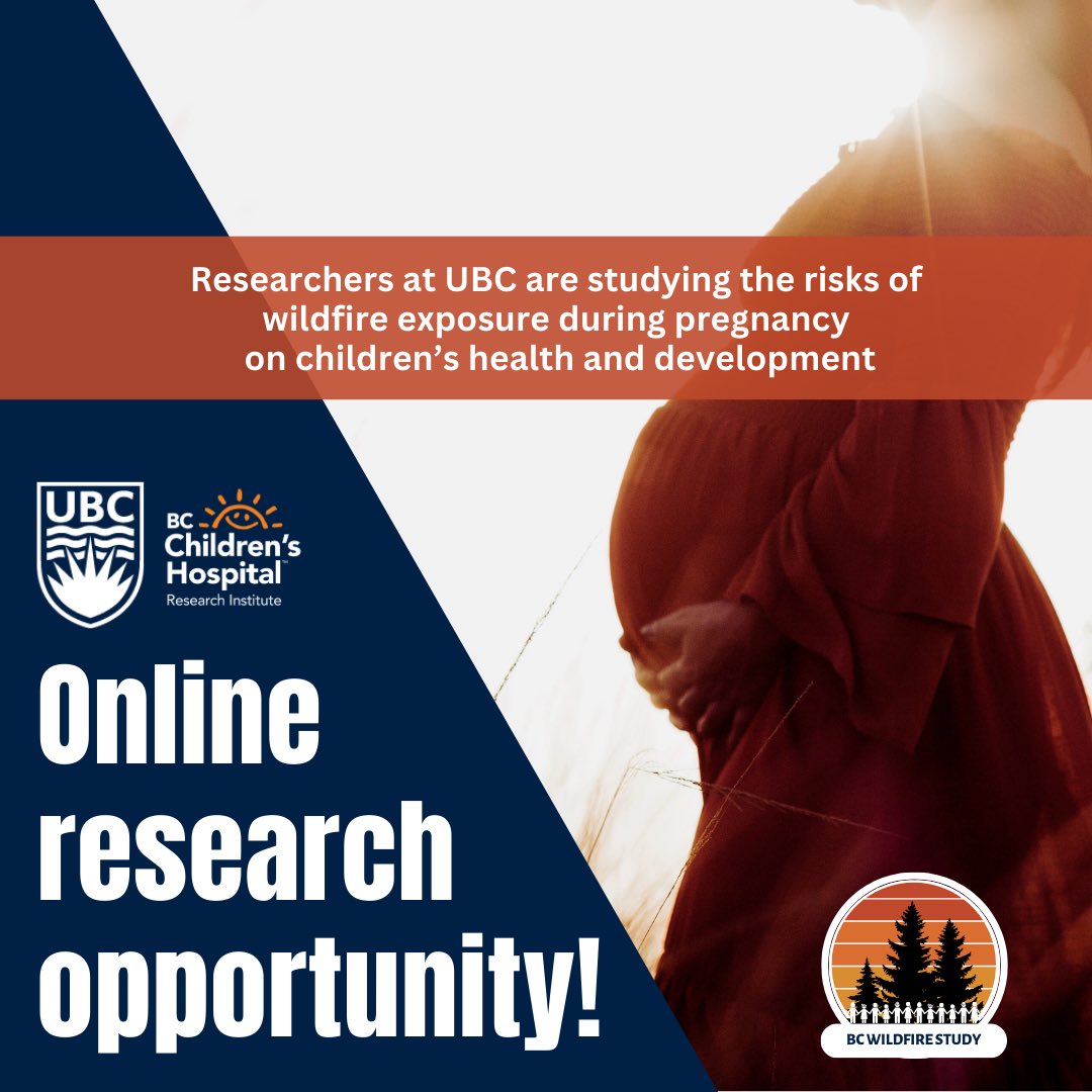 bcwildfirestudy (@bcwildfirestudy) on Twitter photo Were you pregnant between 2016 - 2023 in #BritishColumbia? You may be eligible to participate in our new online #research study!
Researchers <a href="/UBC/">University of British Columbia</a> and <a href="/BCCHresearch/">BC Children's Hospital Research Institute</a> are studying the risks of #wildfires during #pregnancy on #childhealth.
Find out more: BCWildfireStudy.ca Were you pregnant between 2016 - 2023 in #BritishColumbia? You may be eligible to participate in our new online #research study!
Researchers <a href="/UBC/">University of British Columbia</a> and <a href="/BCCHresearch/">BC Children's Hospital Research Institute</a> are studying the risks of #wildfires during #pregnancy on #childhealth.
Find out more: BCWildfireStudy.ca