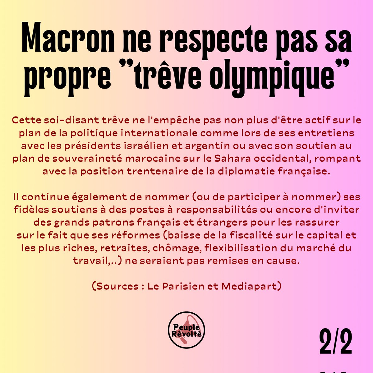 PeupleRevolte's tweet photo. 🔴#Macron ne respecte pas sa propre "trêve olympique".

Depuis les législatives et la nouvelle défaite de son camp il a appelé à de nombreuses reprises à une trêve politique pendant les #JeuxOlympiques de #Paris2024 . Problème ? Il est lui-même incapable de respecter sa trêve. https://t.co/c9ylr7GavT