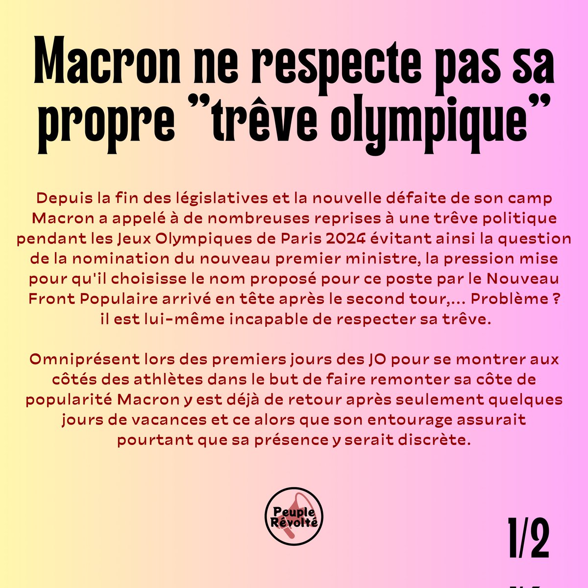 PeupleRevolte's tweet photo. 🔴#Macron ne respecte pas sa propre "trêve olympique".

Depuis les législatives et la nouvelle défaite de son camp il a appelé à de nombreuses reprises à une trêve politique pendant les #JeuxOlympiques de #Paris2024 . Problème ? Il est lui-même incapable de respecter sa trêve. https://t.co/c9ylr7GavT