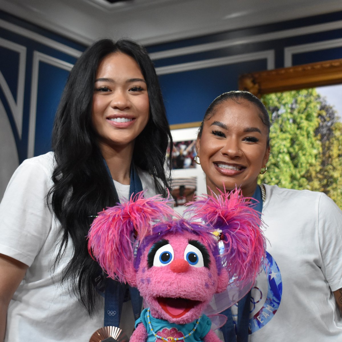 sesamestreet's tweet photo. Good luck to the Team USA Women's Gymnastics Team on your individual event finals! Your friends on the street are so proud of you! #ParisOlympics https://t.co/gGif1RCftr
