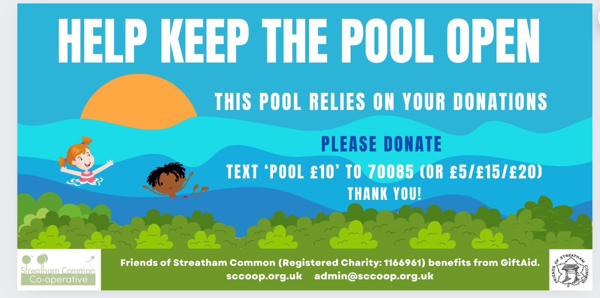 Help get &amp; keep Streatham Common paddling pool open!

This pool relies on your donations &amp; kids rely on this pool so pls help!

Please donate!!

Text to 70085
POOL £5  -to give £5
POOL £10 -to give £10
POOL £15 -to give £15
POOL £20 -to give £20

Registered charity no. 
1166961