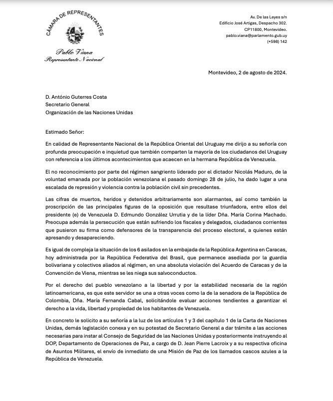 UHN_Plus's tweet photo. 🇺🇾🇨🇴🇻🇪 | ÚLTIMA HORA

El diputado uruguayo Pablo Viana (@pabloviana_ok) acaba de solicitar a la ONU y al Secretario General António Guterres que envíen una Misión de Paz a Venezuela para proteger a la población civil y apoyar al presidente (e) Edmundo González y la líder María Corina Machado. 

Viana busca frenar la represión del régimen de Maduro y proteger los derechos de los venezolanos. Una solicitud similar fue presentada por la Senadora de Colombia, María Fernanda Cabal (@MariaFdaCabal).