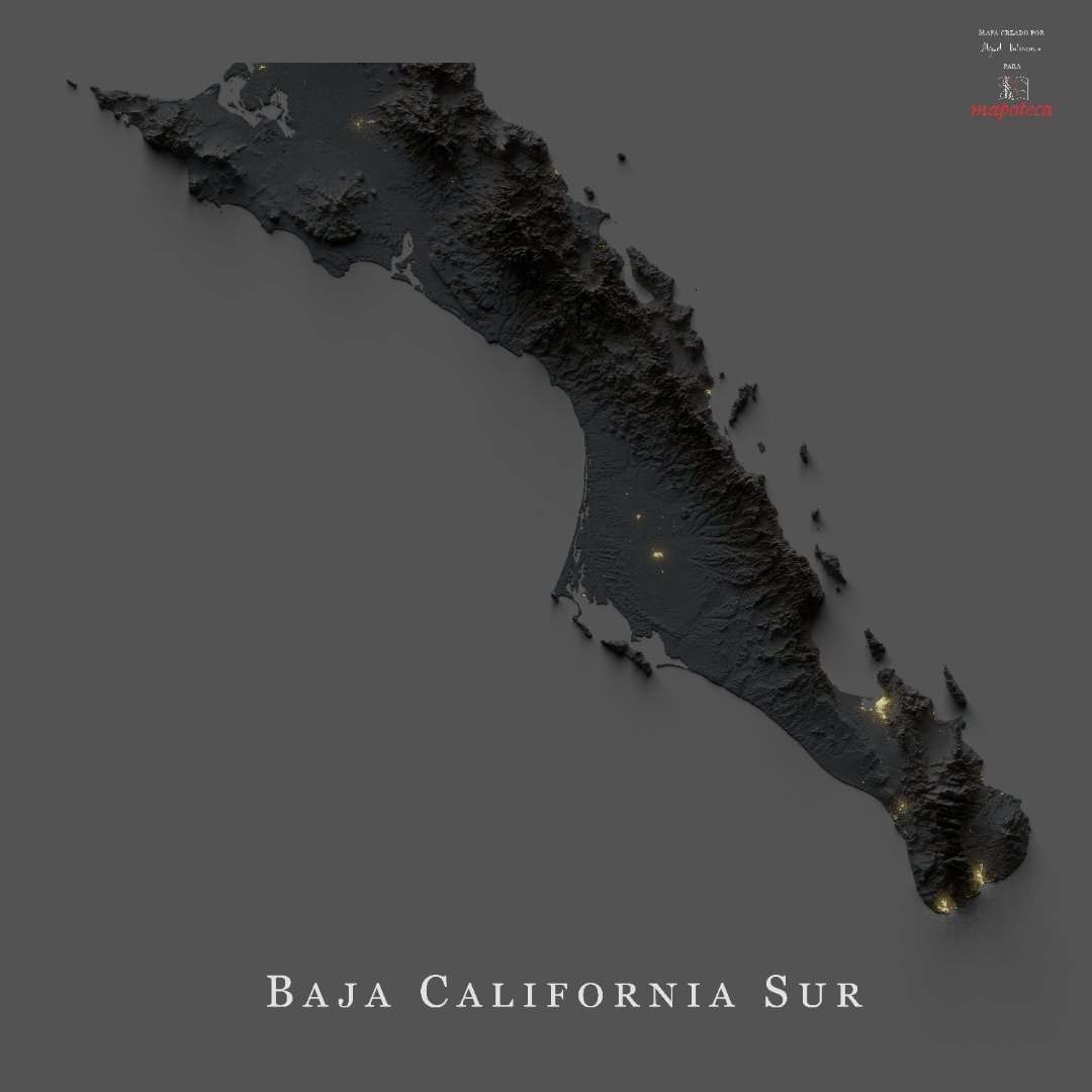 3. Baja California Sur en #poprelief 
Vaya que #BCS está desierta. En las áreas oscuras no vive asbolutamente nadie. 

Veamos cuáles son esos puntos de intensidad de luz / población. ⬇️