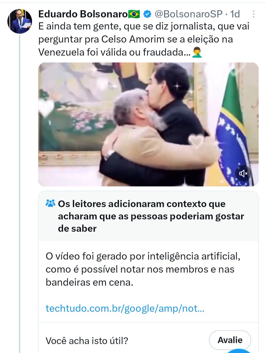 O mau-caráter criminoso propagador de fake-news Eduardo Bolsonaro postou um vídeo fake, de Celso Amorim com Maduro gerado por Inteligência Artificial (IA). E é desmentido! Criatura escrota, mais escroto quem elegeu esse vagabundo escroto.