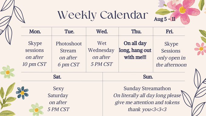Got some spicy surprises for you this week 😉 Come play with me live! Here&rsquo;s the schedule so you don&rsquo;t