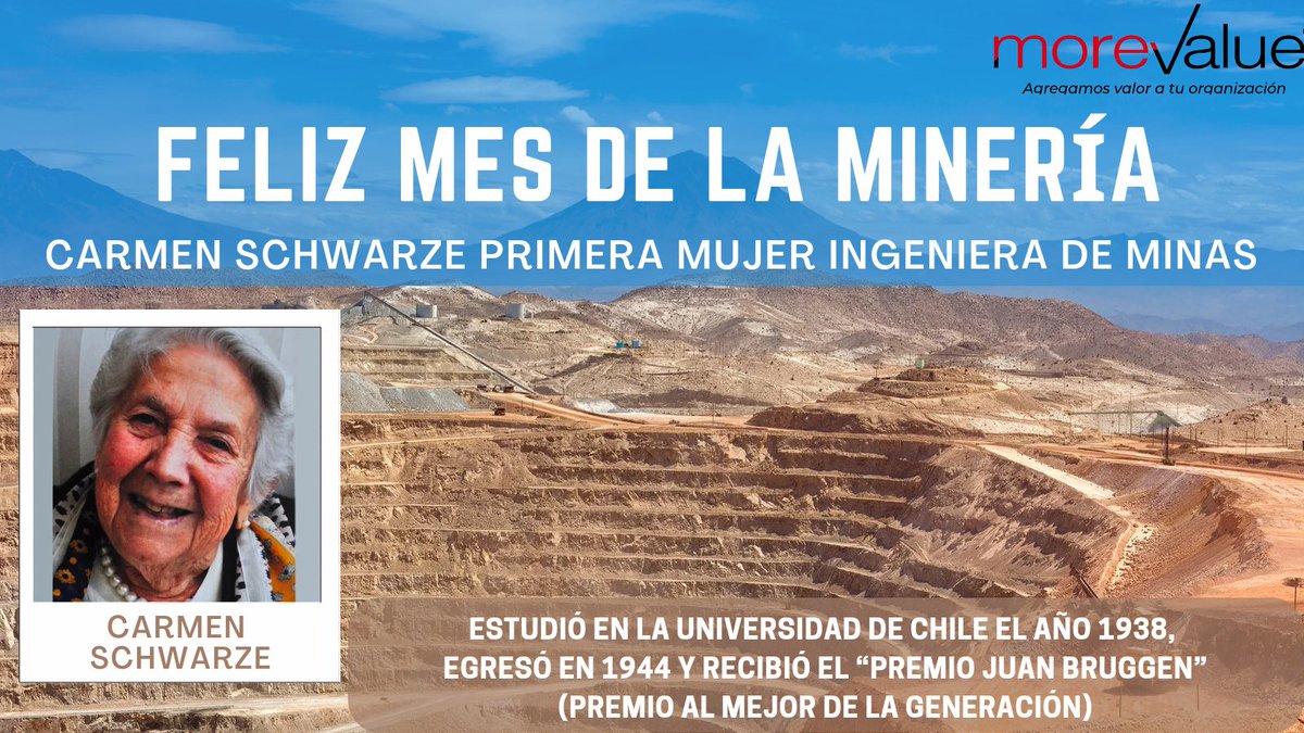 🎉Feliz #MesDeLaMinería .Cómo equipo nos enorgullece aportar a este hermoso rubro.Por eso iniciamos hablando de Carmen Schwarze. Pionera en ser la 1ra  mujer Ingeniera de Minas en #Chile y #Latinoamérica Rompió los paradigmas entrando a estudiar Ingeniería en Minas el año 1938 👷‍♀️