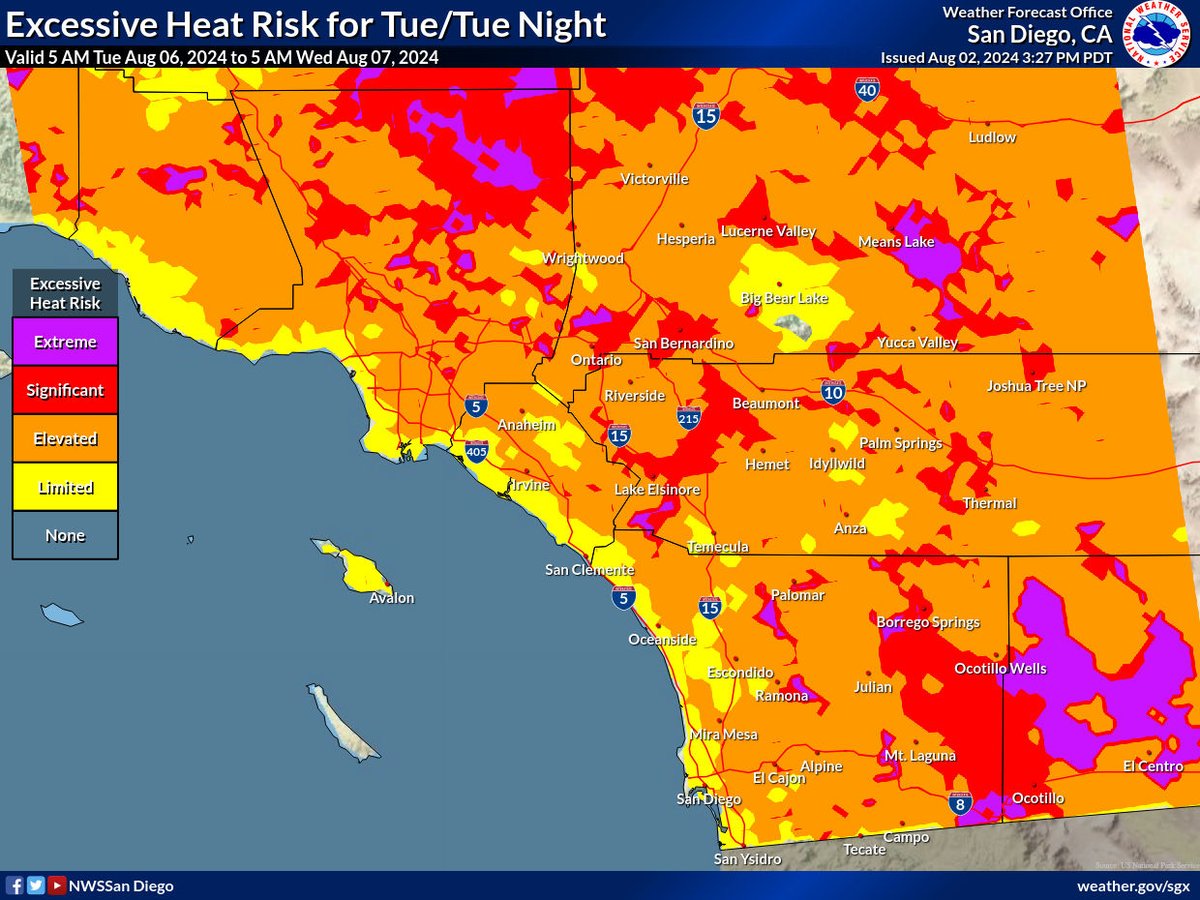 When do we expect the #heatwave to peak? Monday and Tuesday is the forecast as shown in HeatRisk #cawx