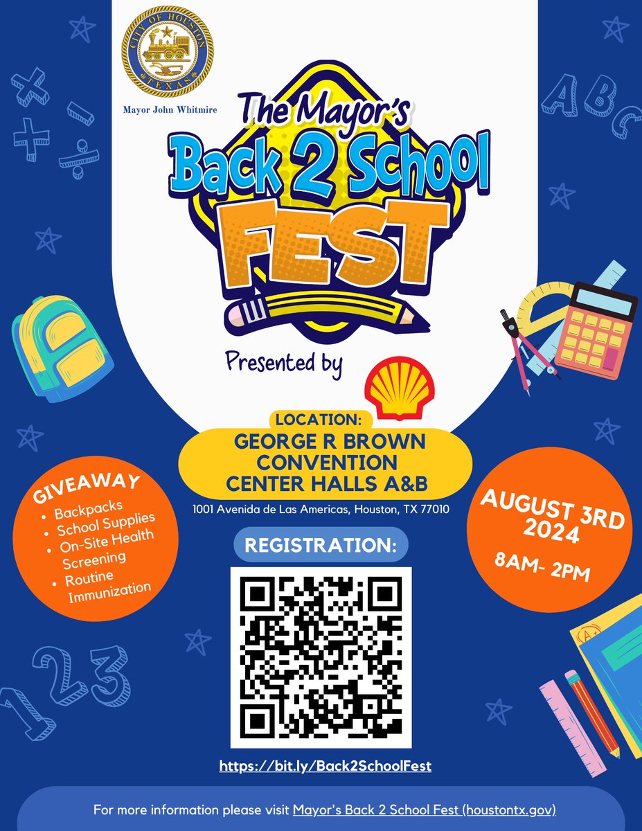 The Mayor's Office is hosting a Back to School Fest for Houston children!
There will be a variety of resources and giveaways to help students get ready for the academic year ahead. Additionally, there will be services for on-site health and dental screenings. #BackToSchool