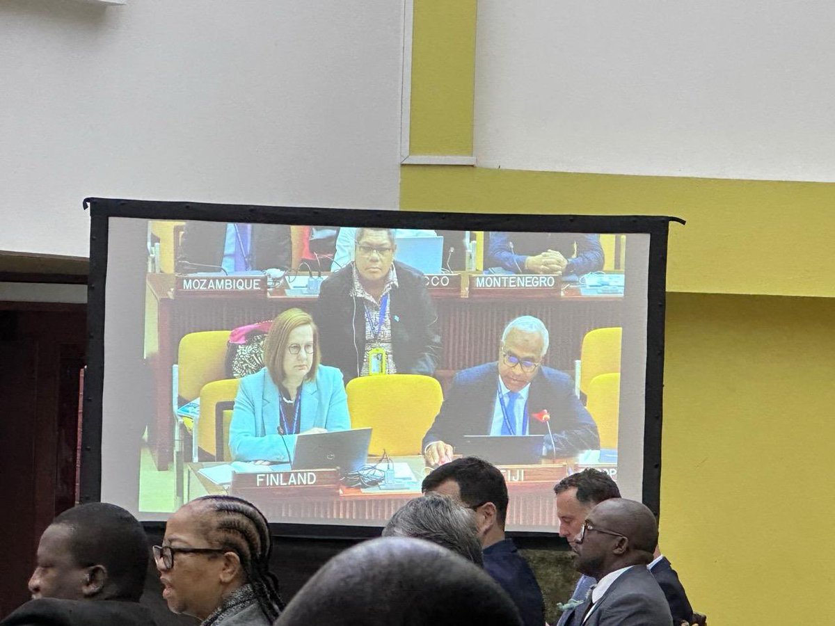 FijiMissionUN's tweet photo. H.E. Ambassador  Filipo Tarakinikini delivered Fiji's 🇫🇯 statement during the 29th Session of the International Seabed Authority Assembly as convened in Kingston, Jamaica. 
While responding to the Secretary General’s report, Amb. Filipo Tarakinikini underscored that Fiji’s policy on deep sea mining is one of precautionary pause, and that the ISA jurisdiction is the seabed and as soon as a shrimp jumps off that seabed it immediately enters into the jurisdiction of another UN entity. 
Fiji urges the Secretary General to work closely, exchange and share scientific information with experts and technical panels, and those entities that have jurisdictional mandate in areas adjacent to the seabed, to ensure that cooperation are established between organizations based on the respective mandates, in ensuring robust protection of marine environment and biodiversity conservation.
In relation to the ongoing draft regulation on seabed mining, Amb. Filipo Tarakinikini echoed Fiji’s support for its development and finalization, to provide effective protection of marine environment and should apply a precautionary and ecosystem-based approach, using science-based management, and ensuring effective compliance with a robust inspection mechanism. 
H.E Tarakinikini further adds that any activity related to seabed minerals should be informed by science, and must be ecologically sustainable and takes into account the BBNJ Agreement and the Paris Agreement in keeping the temperature rise below 1.5 degrees Celsius. 
In recognizing Fiji’s legacy at the ISA, His Excellency thanked the Organisation for its’ support on women’s empowerment on Ocean Affairs and scientific research, and its support for small island developing states in the Pacific.