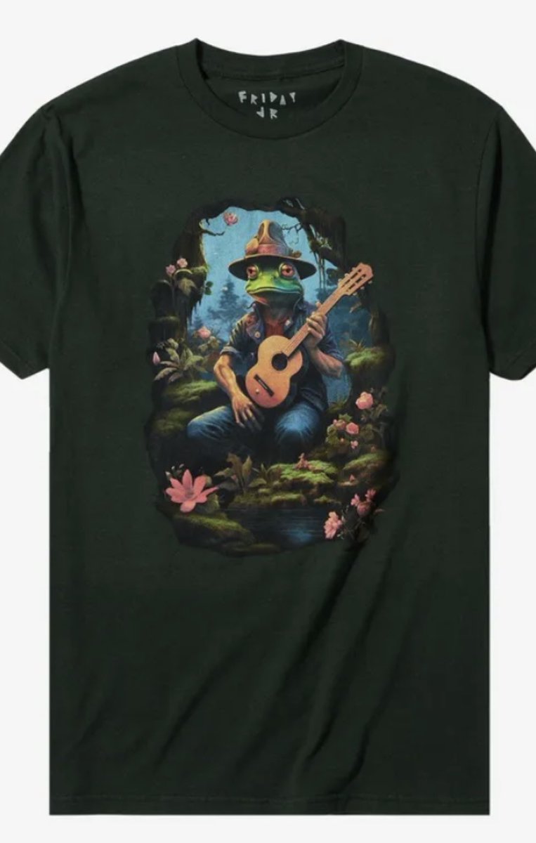 Returned this Hot Topic shirt after seeing the telltale signs of AI 🥲 It had that off vibe but specifically that bat behind the castle is too big, &amp; there’s a bat that morphs into rocks. Looked up more by the maker “Friday Jr” and saw that janky guitar too.