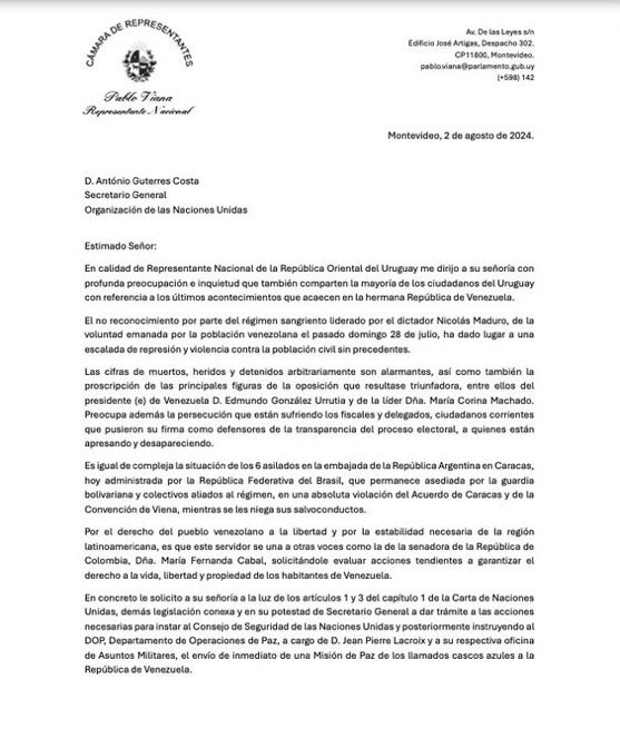 eduardomenoni's tweet photo. 🚨| URGENTE: El diputado uruguayo Pablo Viana se une a Mafe Cabal de Colombia y solicita a la ONU y al Secretario António Guterres que envíen una Misión de Paz a Venezuela para proteger a la población civil y apoyar al presidente Edmundo González y a María Corina Machado. 🇻🇪 https://t.co/6JYqVAIyvC