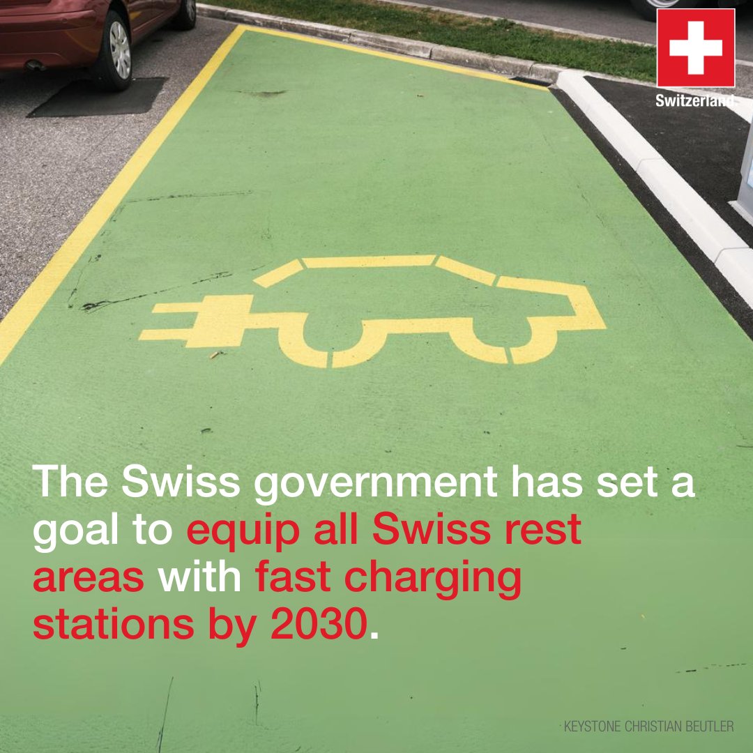 AbtSwitzerland's tweet photo. On the road to electric mobility! 🚗⚡ 
By the end of 2024, nearly 50 rest areas will be equipped with fast-charging stations. The goal is to have all 100 rest areas powered up by 2030.
ℹ️ https://t.co/SXuvQOCE4Q https://t.co/nO767NnStP