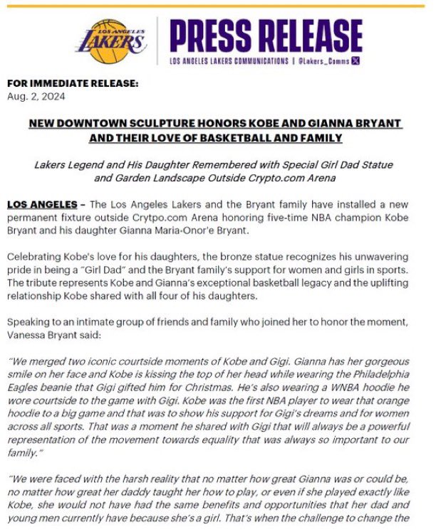 jovanbuha's tweet photo. The Lakers officially announce the new statue honoring Kobe and Gianna Bryant outside of https://t.co/zgfUpP5Y9r Arena https://t.co/jaker1BAAk