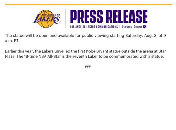 jovanbuha's tweet photo. The Lakers officially announce the new statue honoring Kobe and Gianna Bryant outside of https://t.co/zgfUpP5Y9r Arena https://t.co/jaker1BAAk