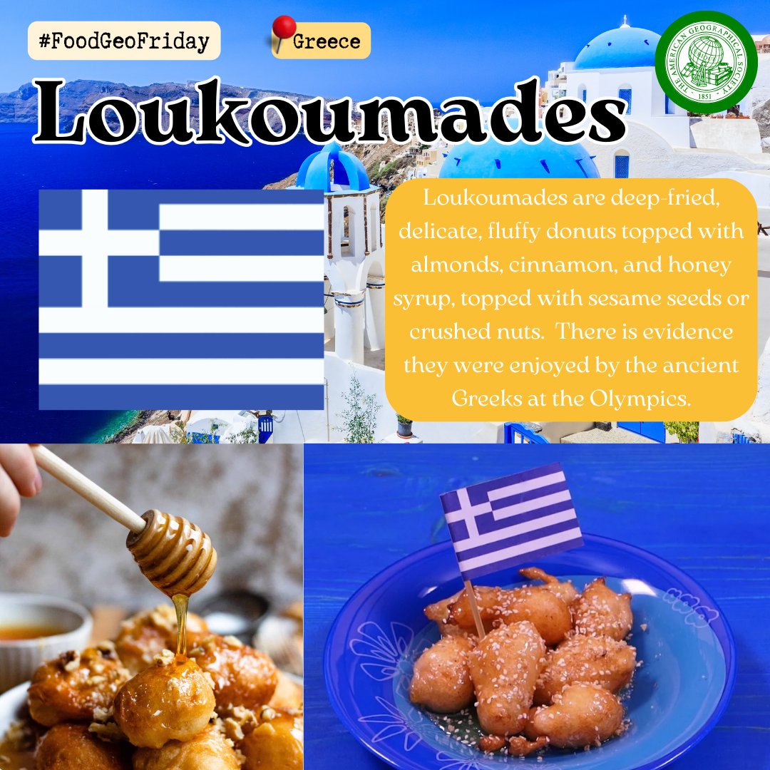 AmericanGeo's tweet photo. #FoodGeoFriday Loukoumades from #Greece 🍯
This donut is the first dessert mentioned in world literature and among the first prizes given to victorious athletes at the Olympic Games, which began in 776 BC. According to Aristotle, winning athletes would receive "gift pies." https://t.co/tOfaisQeBe