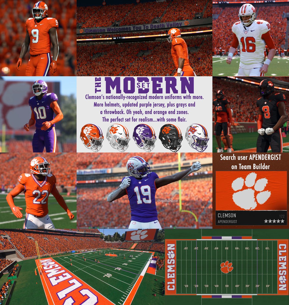 apthirteen's tweet photo. As promised, my six unique Clemson builds are now LIVE on Team Builder for CFB 25, each with hours of work poured into them for a full uniform set, custom field design, and accurate colors. 

Here’s a look at all six in detail, starting with the Modern and Spiller Sets. 🧵 https://t.co/I1THmrEVFw