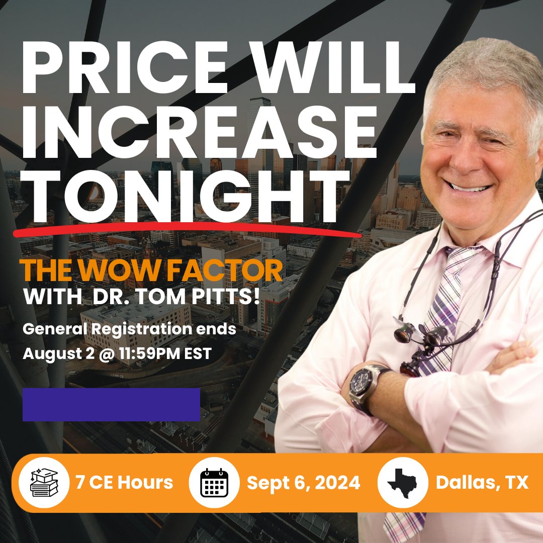 Our favorite, Dr. Tom Pitts, is bringing The WOW Factor to Dallas on September 6, 2024! But here’s the kicker—prices go up TONIGHT at 11:59 PM EST.
You don’t want to miss out, do you? Secure your spot, earn those 7 CE Hours, and get ready for some serious ortho growth. ✨✨