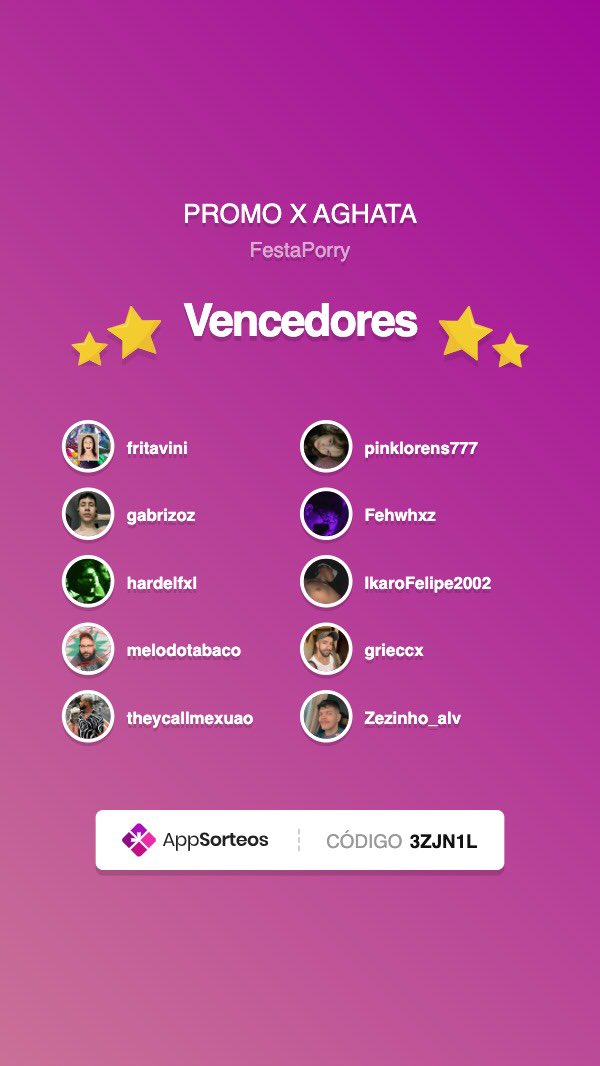 FestaPorry's tweet photo. RESULTADO DO SORTEIO!

Os 10 sortudos que vão ganhar um drink e meet com a diva Aghata Nunes são: @fritavini @gabrizoz @hardelfxl @melodotabaco @theycallmexuao @pinklorens777 @Fehwhxz @IkaroFelipe2002 @grieccx @Zezinho_alv respondam esse post com nome e sobrenome de vcs! 🩷🫦 https://t.co/vArHQvCCpA