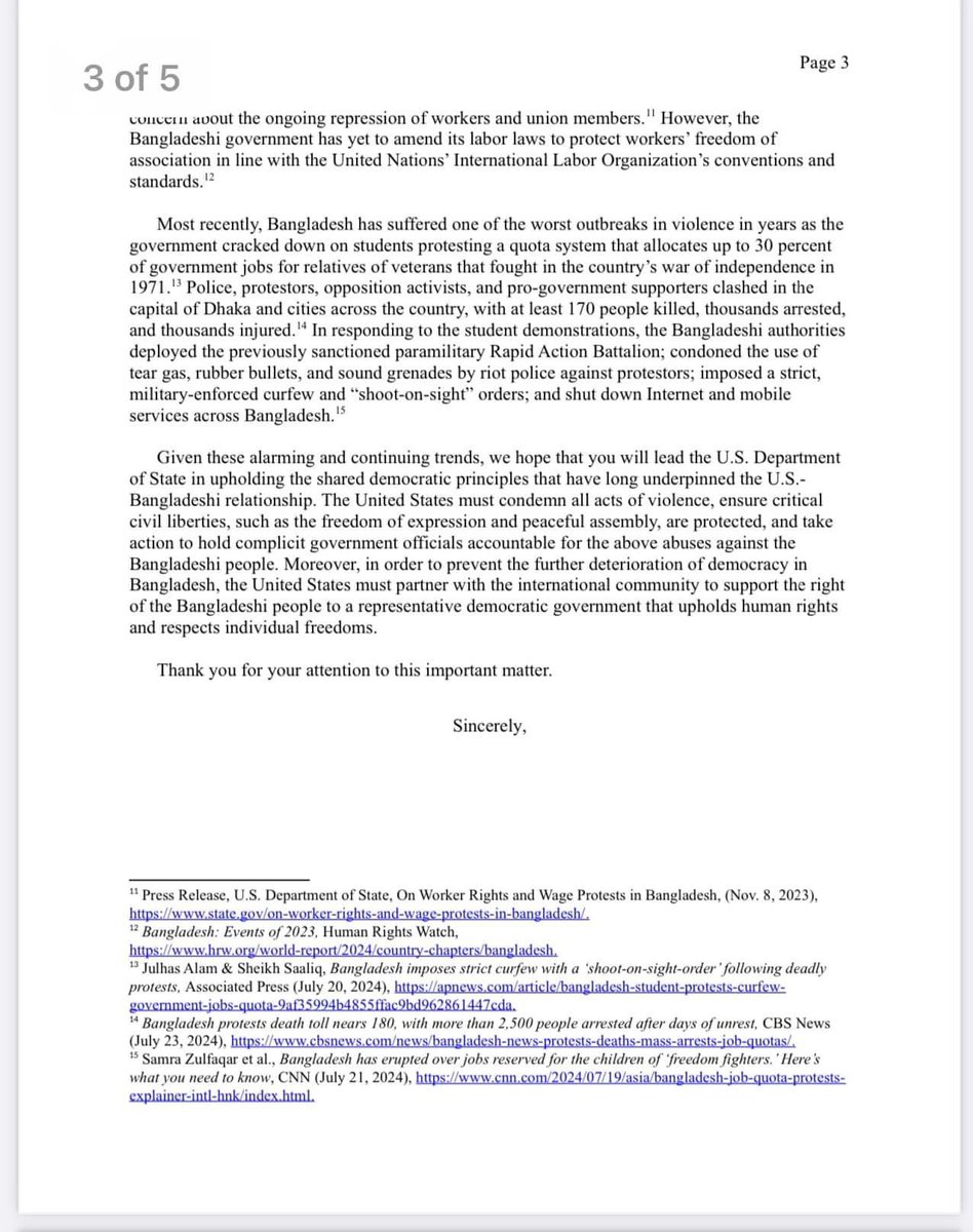 ZulkarnainSaer's tweet photo. "In order to prevent the further deterioration of democracy in Bangladesh, the United States must partner with the international community to support the right of the Bangladeshi people to a representative democratic government that upholds human rights and respects individual freedoms." 

22 Senators & Congressmen writes to @SecBlinken