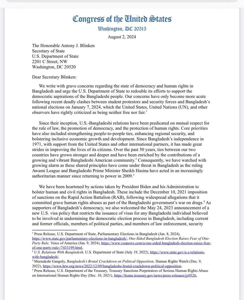 ZulkarnainSaer's tweet photo. "In order to prevent the further deterioration of democracy in Bangladesh, the United States must partner with the international community to support the right of the Bangladeshi people to a representative democratic government that upholds human rights and respects individual freedoms." 

22 Senators & Congressmen writes to @SecBlinken