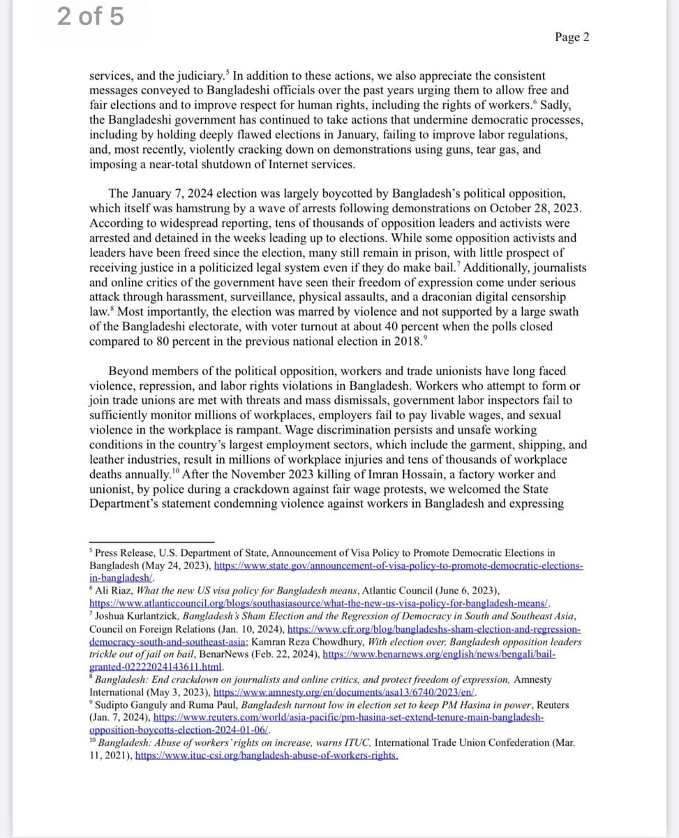ZulkarnainSaer's tweet photo. "In order to prevent the further deterioration of democracy in Bangladesh, the United States must partner with the international community to support the right of the Bangladeshi people to a representative democratic government that upholds human rights and respects individual freedoms." 

22 Senators & Congressmen writes to @SecBlinken